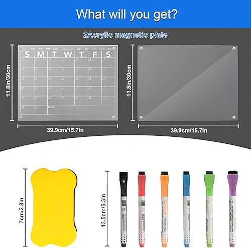 Miniatura 2 de Calendario acrílico magnético para nevera, calendario mensual de 15.7 x 11.8 pulgadas y pizarra de borrado en seco en blanco para refrigerador con 6