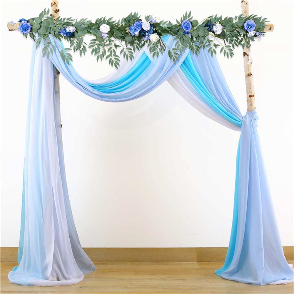 Mateju 3 Paneele Hochzeit Vorhang Hochzeitsbogen Tüll Querbehang Chiffon Stoff Freihanddekofür Himmelbett Gardinen Torbogen Zeremonie Fotografie Party Deko (Blau Und Weiß,75x1000cm)