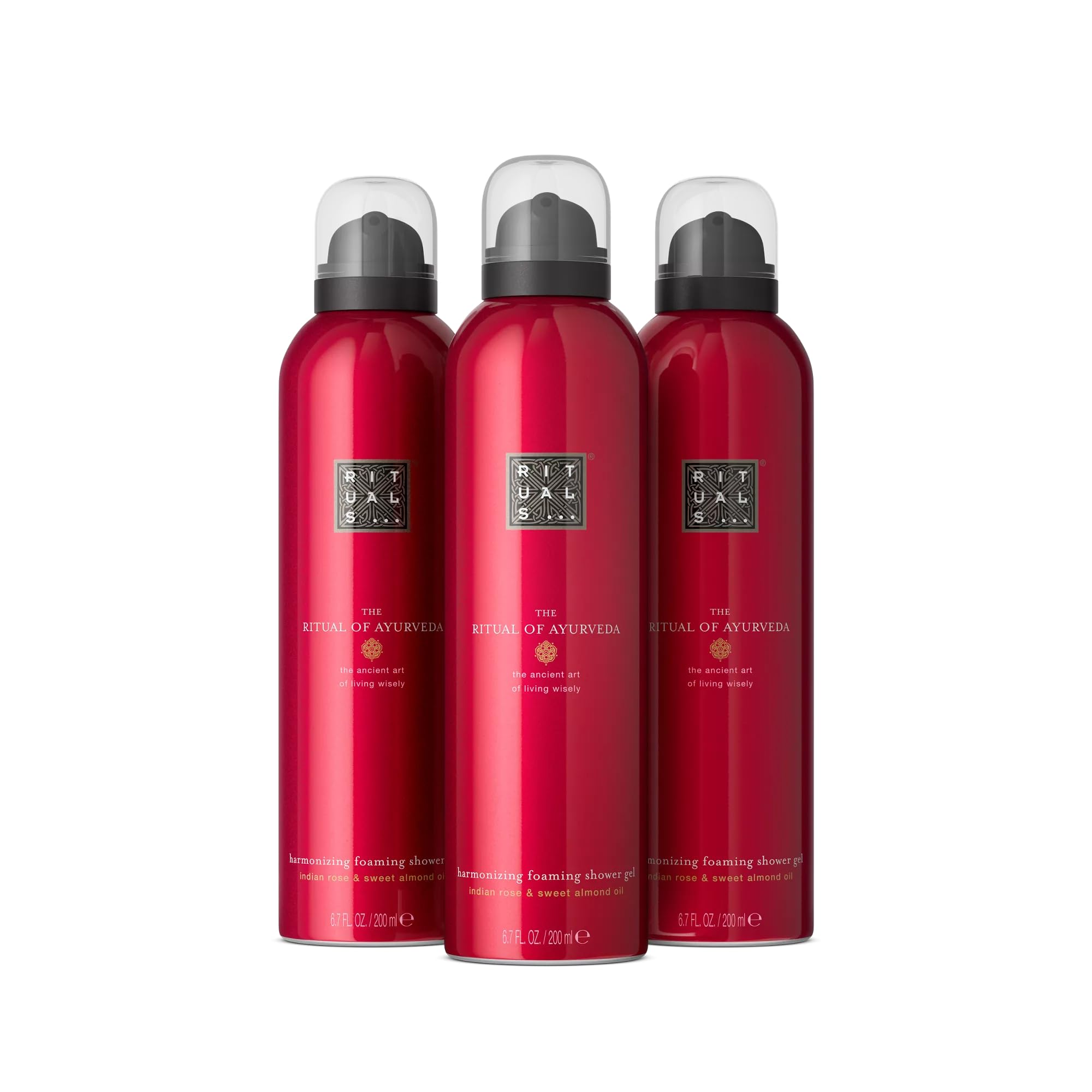 RITUALS The Ritual of Ayurveda Vorteilspack mit 3 x Duschschaum – Duschgel mit indischer Rose und Süßmandelöl – Ausgleichender Duft – Value Pack 3 x 200 ml