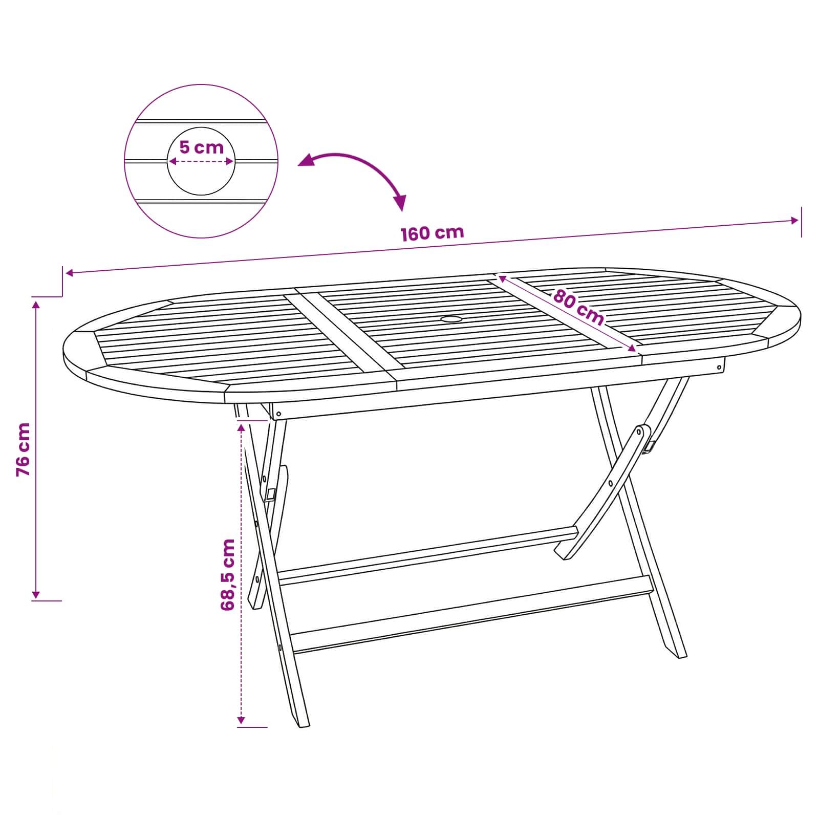 vidaXL Mesa de jardín Plegable Natural 160 x 80 x 76 cm