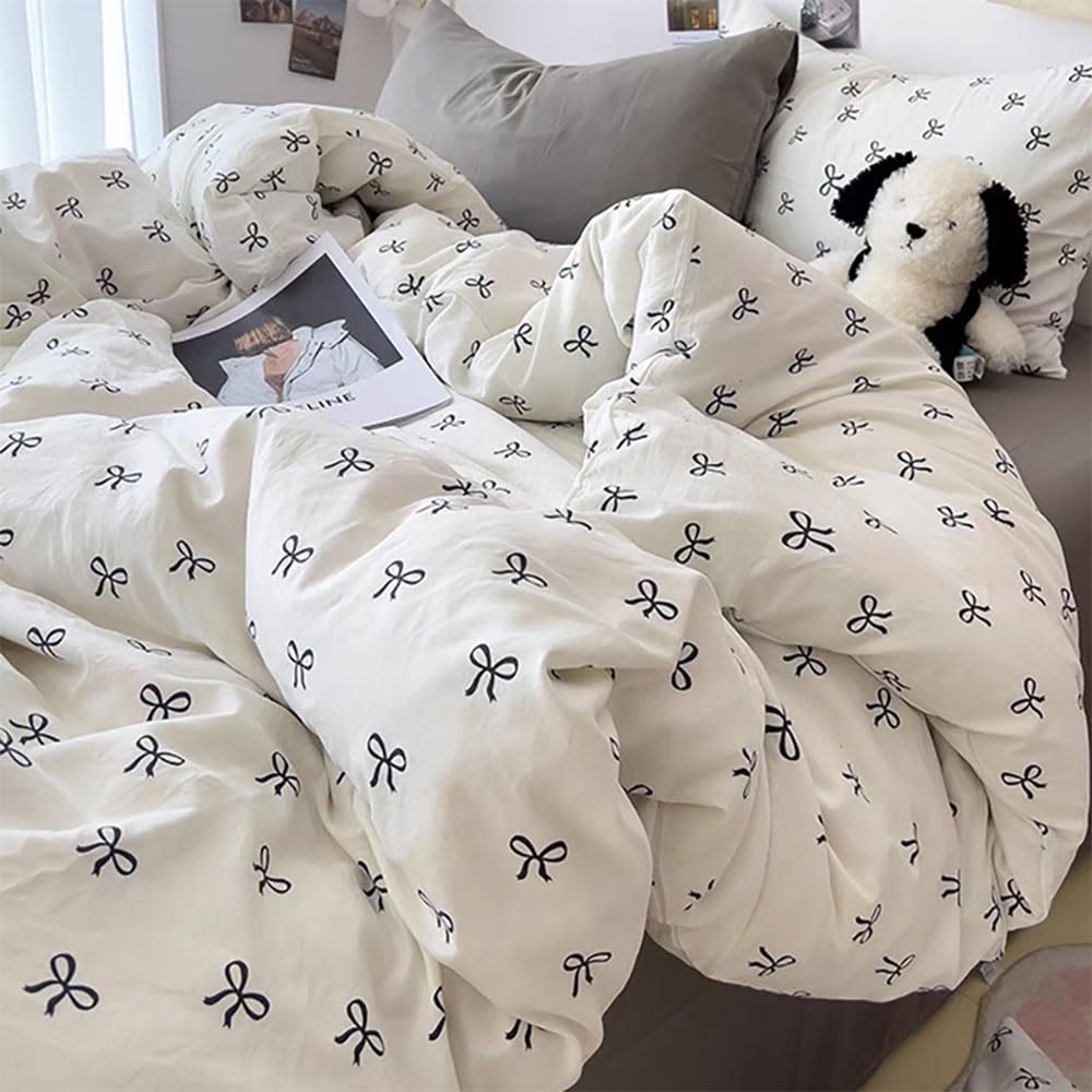 Covebett Double Bed Duvet Cover Sets Cotton Black and White Bows Kawaii Bedding Set Cute Aesthetic Girls Women Black Bow Tie Bowknot Quilt Cover 200x200 with Zipper Closure and 2 Pillowcase 50x75 cm โ image 1