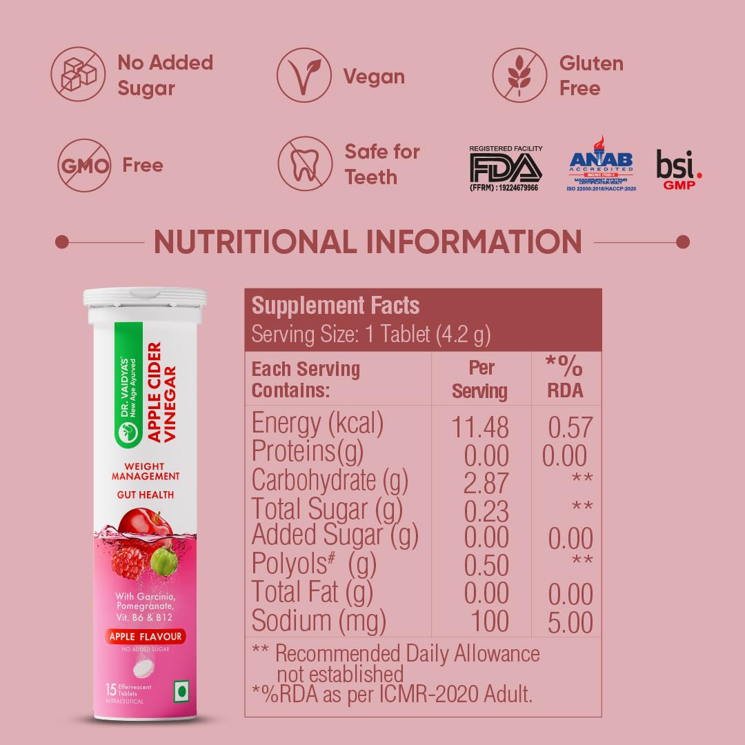 Dr. Vaidya's Apple Cider Vinegar Effervescent Tablet with Mother | For Metabolism, Weight Management | 500mg ACV | Garcinia & Pomegranate Extract | Vit B6 & B12 | Apple Flavour | No Added Sugar | (15 Tablets per Pack) Pack of 4 4