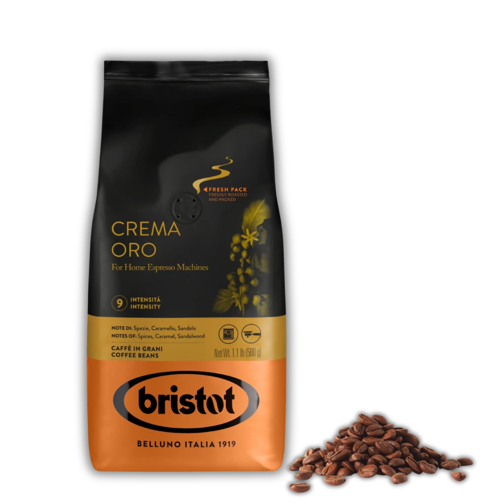Bristot Crema Oro Italian Whole Espresso Beans – Medium Roast Coffee – Smooth & Aromatic with Notes of Spices, Caramel & Sandalwood – 1.1 lb (500 g)