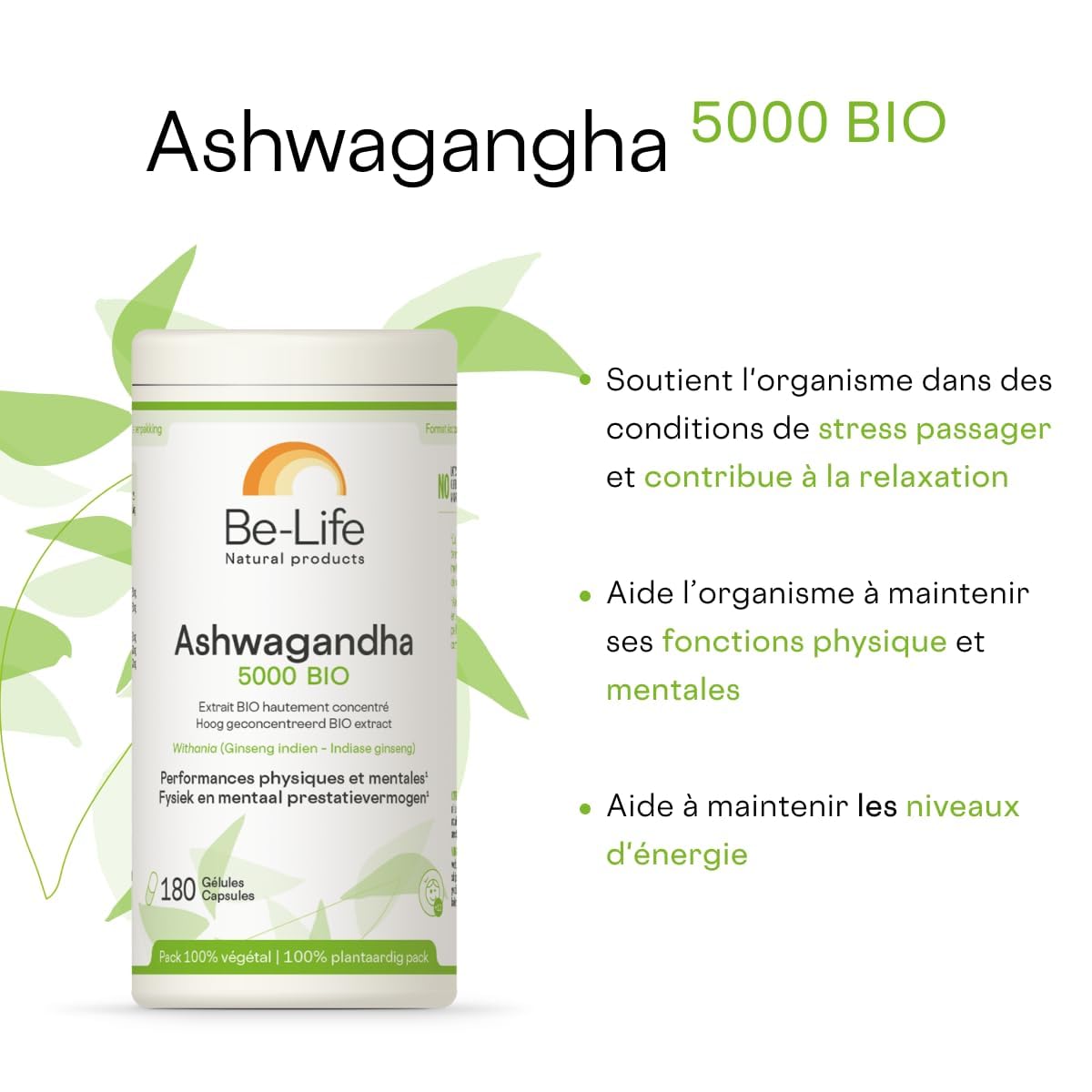 BE-LIFE | Ashwagandha 5000 bio | Complément alimentaire certifié bio | Résistance au stress, favorise la détente, fortifie l’organisme | 180 gélules