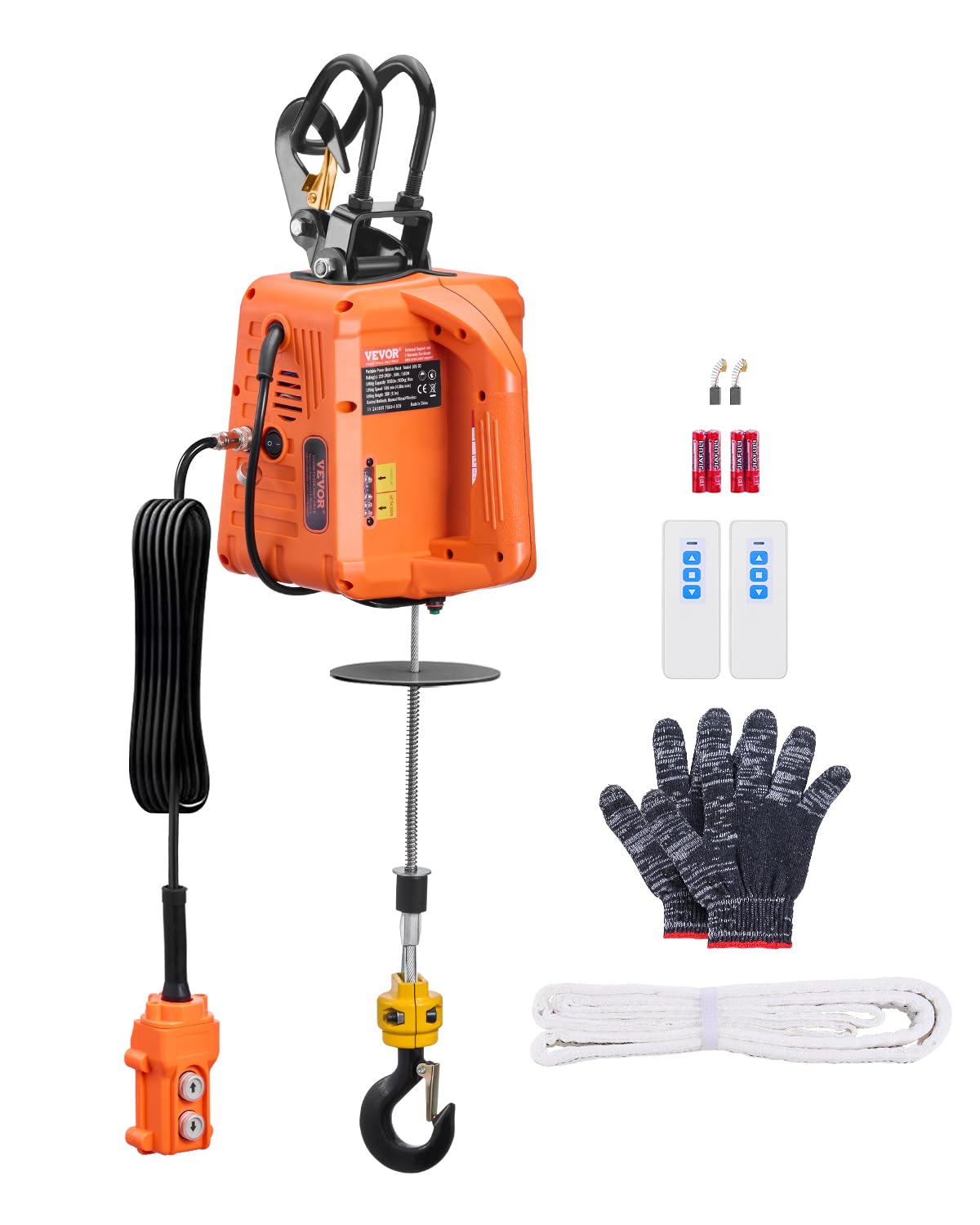 VEVOR Verricello Elettrico, Capacità 500 kg, Verricello Elettrico Portatile 1500 W, Altezza di Sollevamento 9,1 m, 4 m/min con Telecomando a Filo e Wireless, per Garage Fabbrica Sollevamento Traino