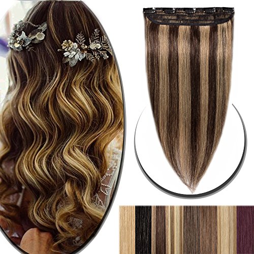 100% Real Hair Extensions Clip in Remy Human Hair 16" 45g Highlight One-piece 5 Clips Long Straight Hair Extensions for Women Valent Wide Weft Soft Silky Balayage #4/27 Medium Brown Mix Dark Blonde