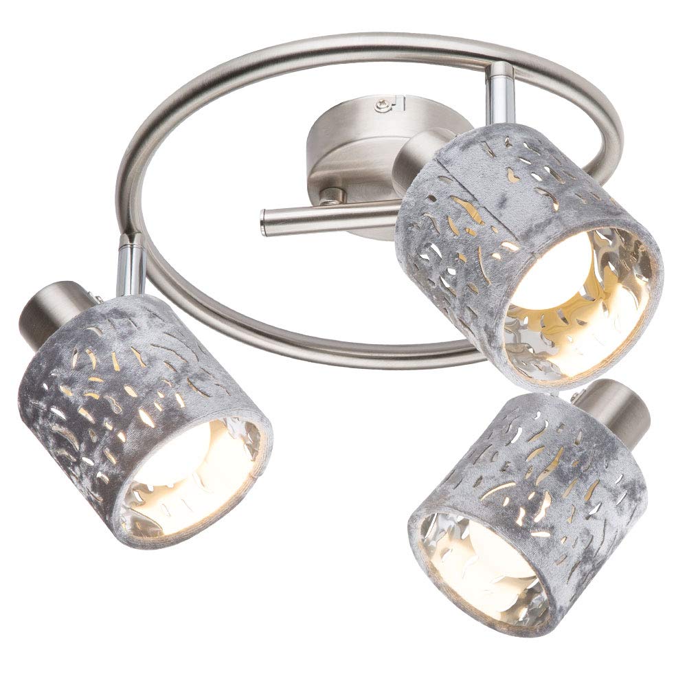 Deckenleuchte 3 Flammig Spotleuchte schwenkbar Deckenlampe Samt, Metall silber, 3x E14 Fassungen, DxH 25x15 cm