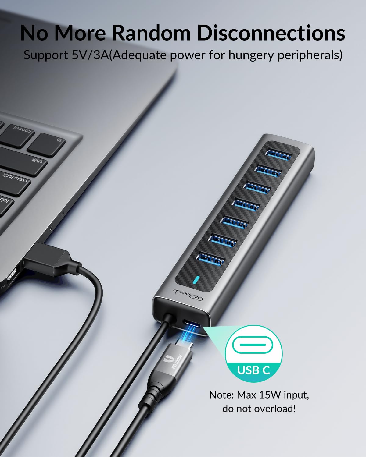 GiGimundo HUB USB 3.0, Hub USB 3.0 in Alluminio a 7 Porte per Laptop, Cavo Lungo 1,8m con Porta di Alimentazione Type-C 5V/3A, Compatibile con MacBook, PS4, Surface Pro, HDD Mobile (1,8m)