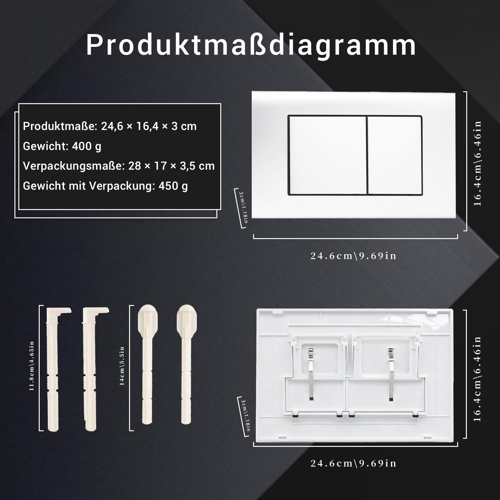 WC drückerplatte, kompatibel mit Geberit Sigma Serie, UP300 und UP320，Doppelflussmodell mit Flussregelband und festem Panel, Maße 246x164 mm | Hochglanz (Weiß)