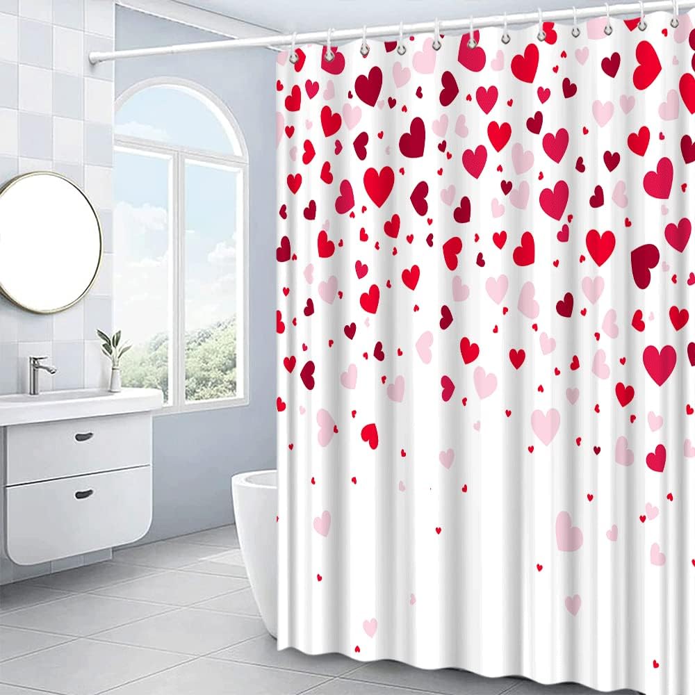 Valentine's Day Shower Curtain Romantic Heart Red Love on White Background Sweet Valentine Happy Theme Girl Bathroom Decor Curtains with Hook 80x70 Inch