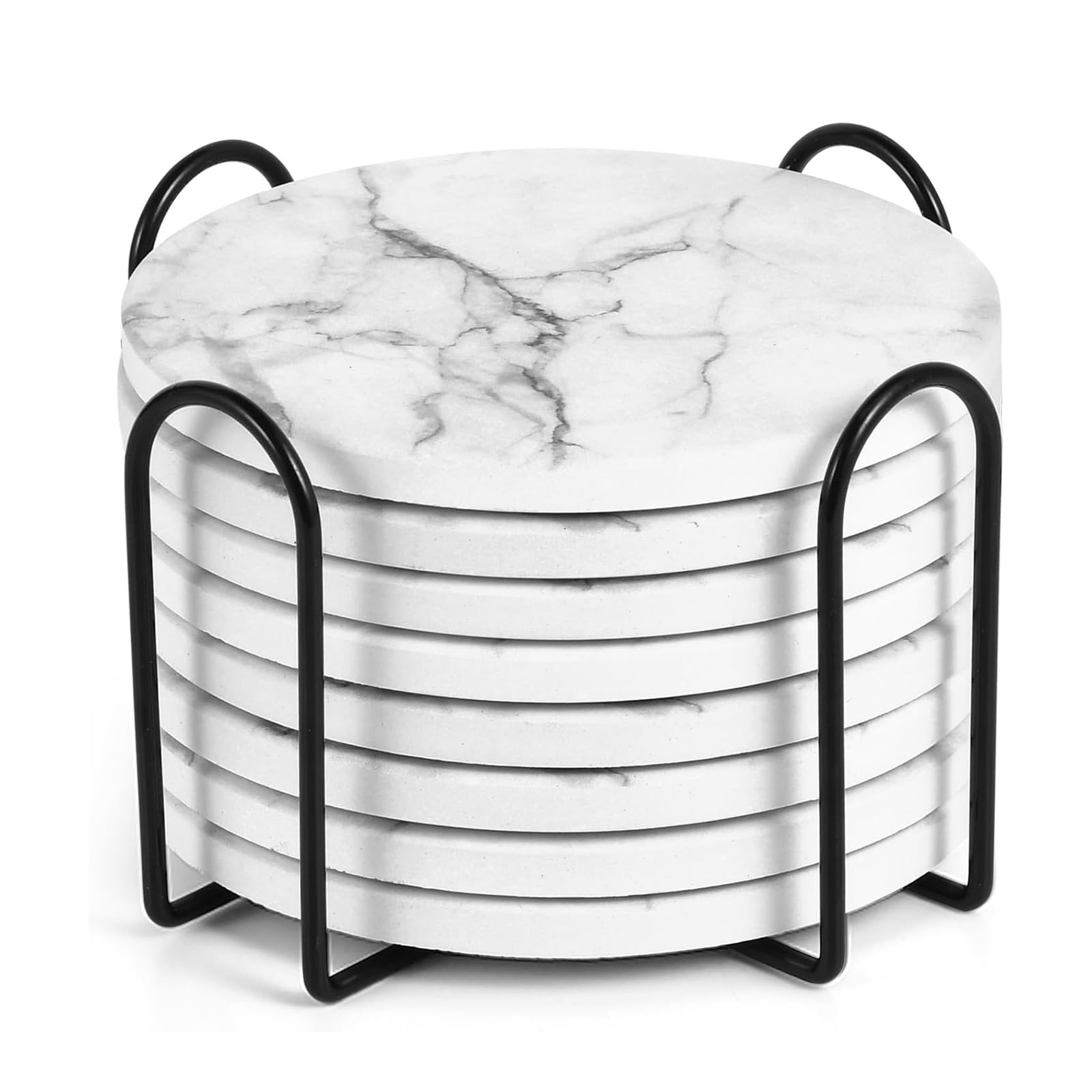 Coasters Set 9 - Marble Ceramic Drink Coasters with Holder and Cork Base, Absorbent & Heat Resistant Table Protectors for Home Decor, Ideal Housewarming Gift, Round 4"