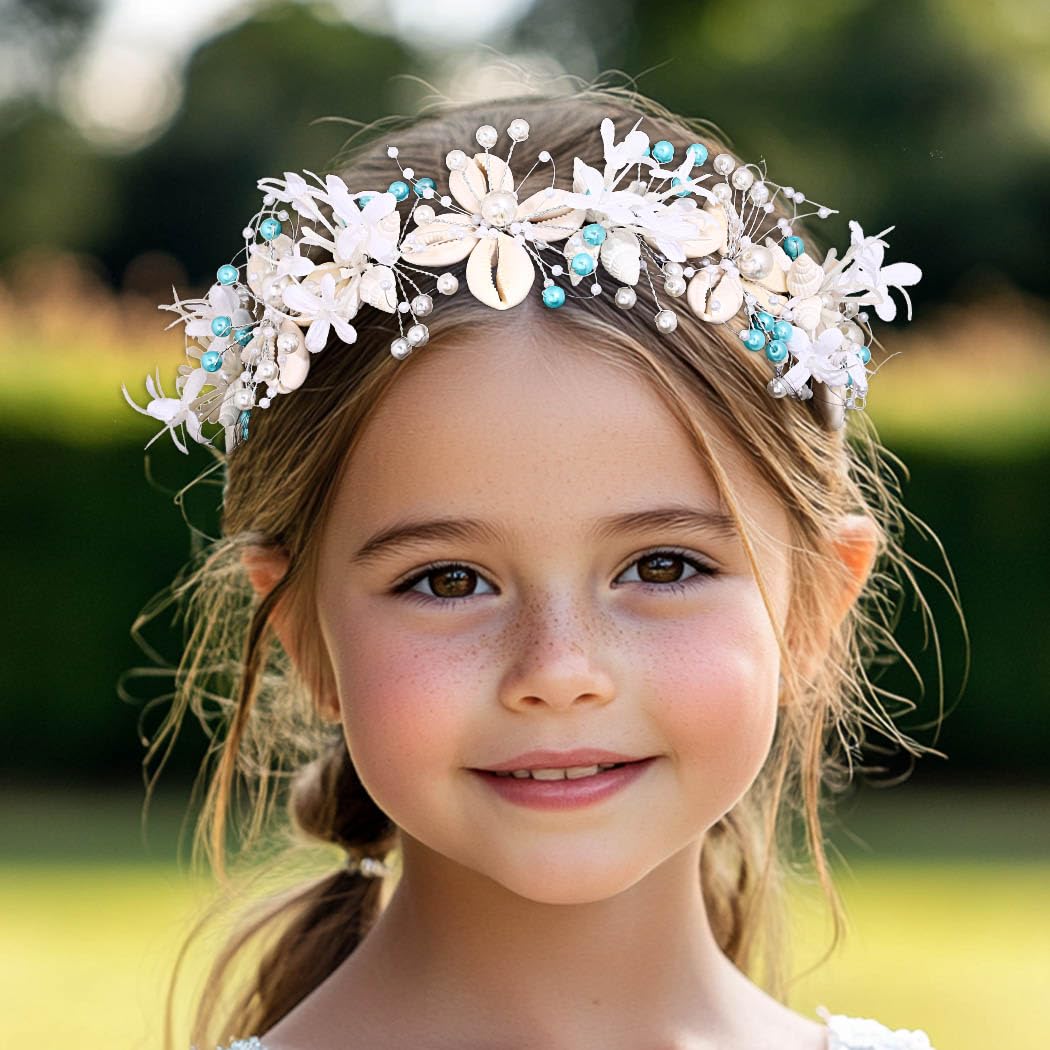 IYOU Seashell Wedding Hair Vine White Pearl Bridal Headbands Floral Mermaid Bride Hair Accessories for Women - Image 2