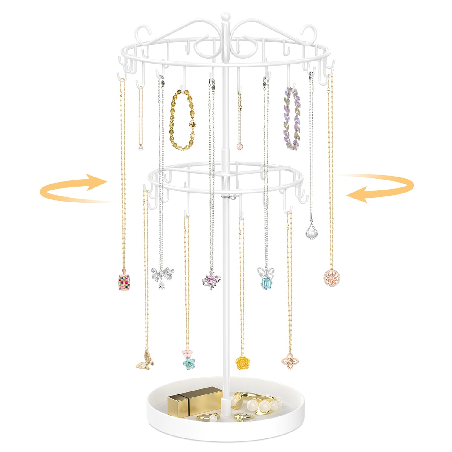 EsLuker.ly Necklace Holder Organizer Rotating Display Stand, 2 Tier White