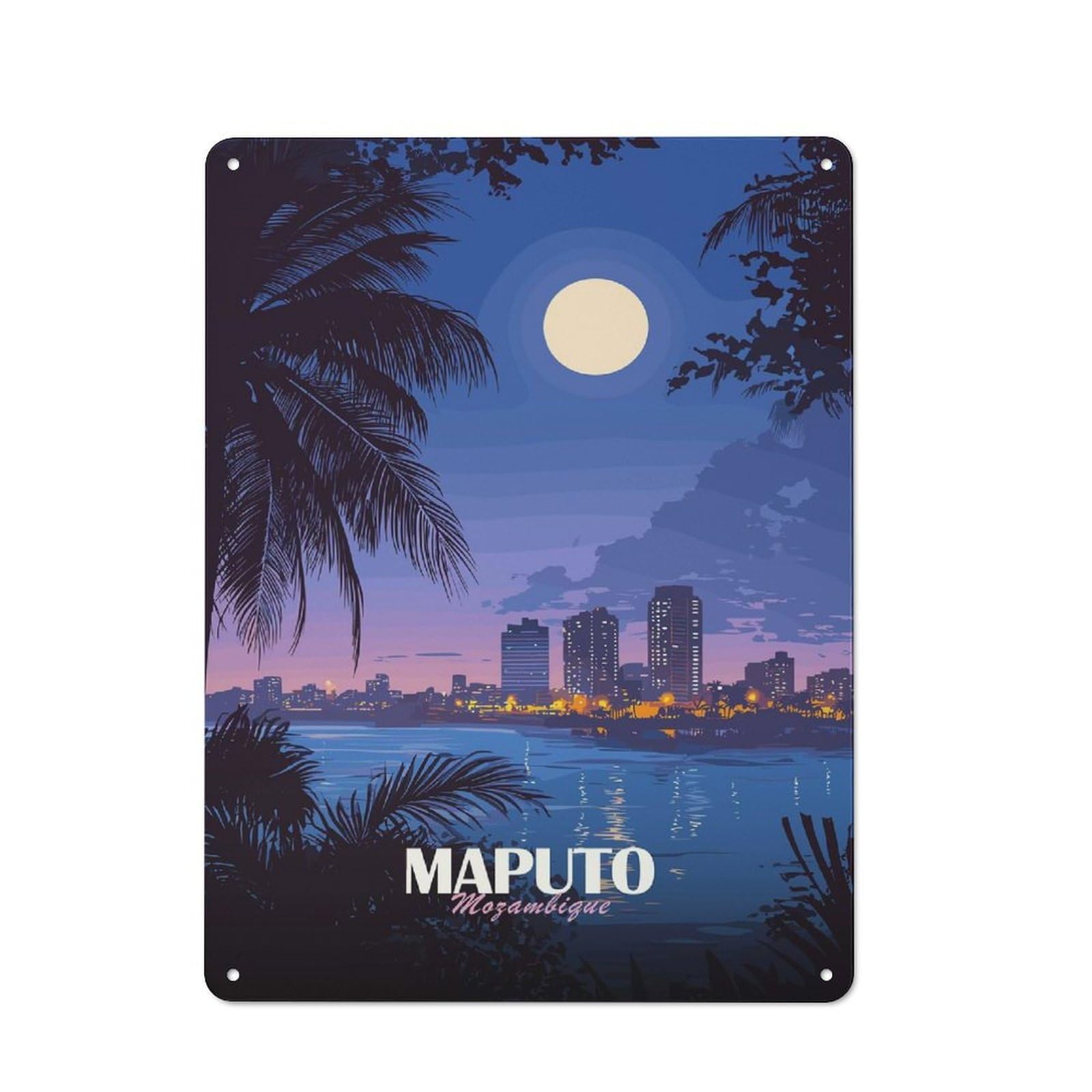 Junmoney Style-4 Tin Sign 40X30cm With Maputo Mozambique Cityscape At Night For Garage Wall, Retro-Style Decor, For Room Styling Across Garages And Workshops