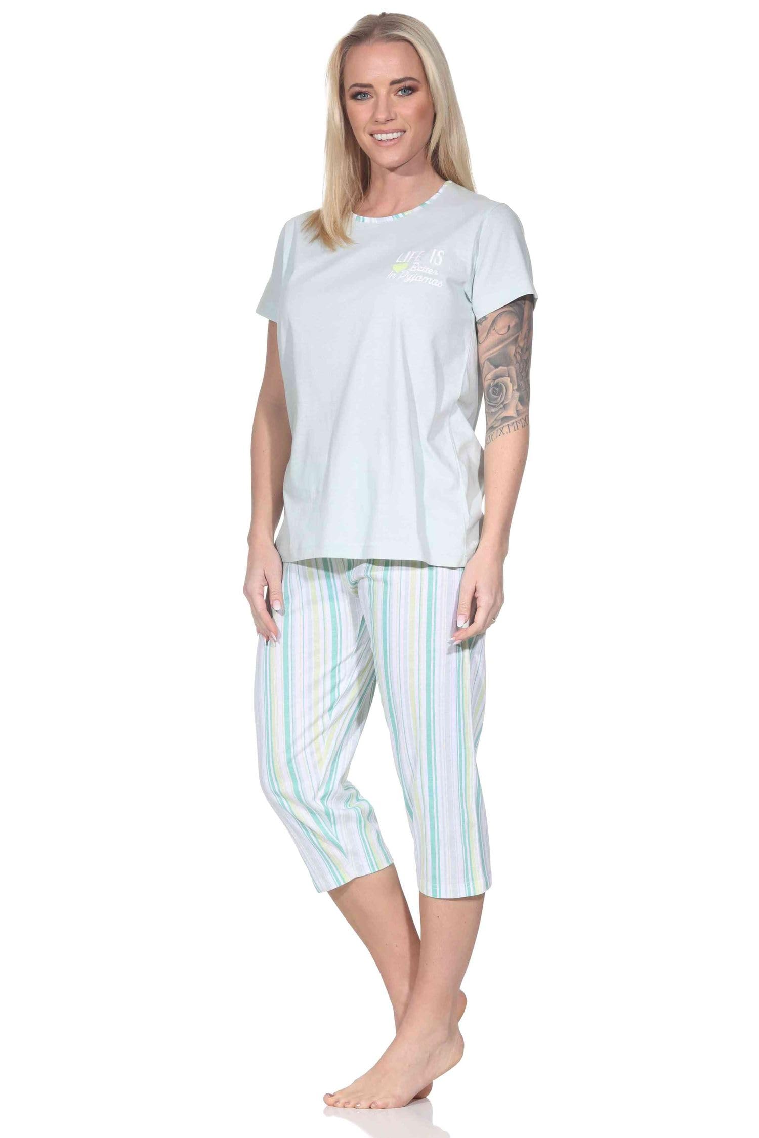 Normann Women's Short Sleeve Pyjamas with Capri Pyjama Bottoms in Striped Look, Green, 48-50