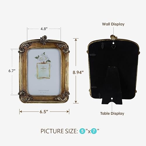 Miniatura 3 de Marcos de fotos dorados vintage de 5 x 7, marcos de fotos antiguos con parte delantera de vidrio para colgar en la pared y mesa, estilo art deco