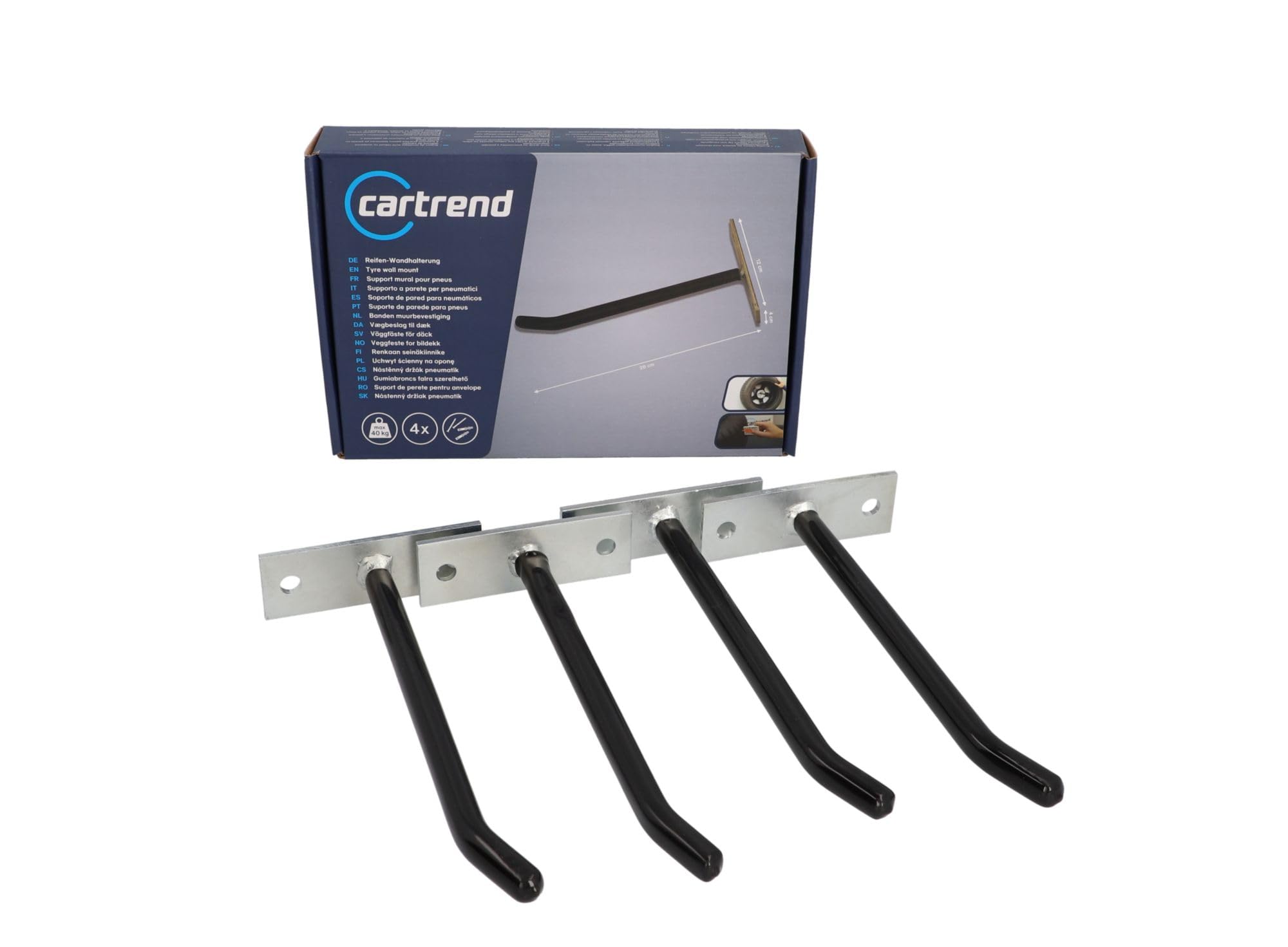 cartrend Reifen-Wandhalterung zum Aufbewahren von Reifen, Felgen und Rädern, hohe Tragkraft, mit Zubehör, Haken mit PVC-Ummantelung, Silber, 4 Stück