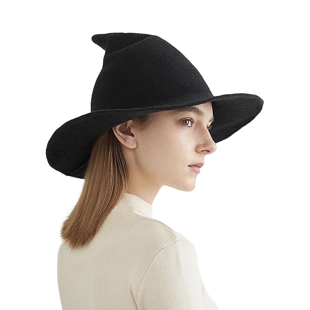 Goodern Halloween Witch Hat,Fashion Foldable Party Witch Decorate Cap Wide-Brimmed Knitted Cap Halloween Cosplay Costume Accessorie Thanksgiving Witch Headwear Prop Halloween Decor Supplies-Black