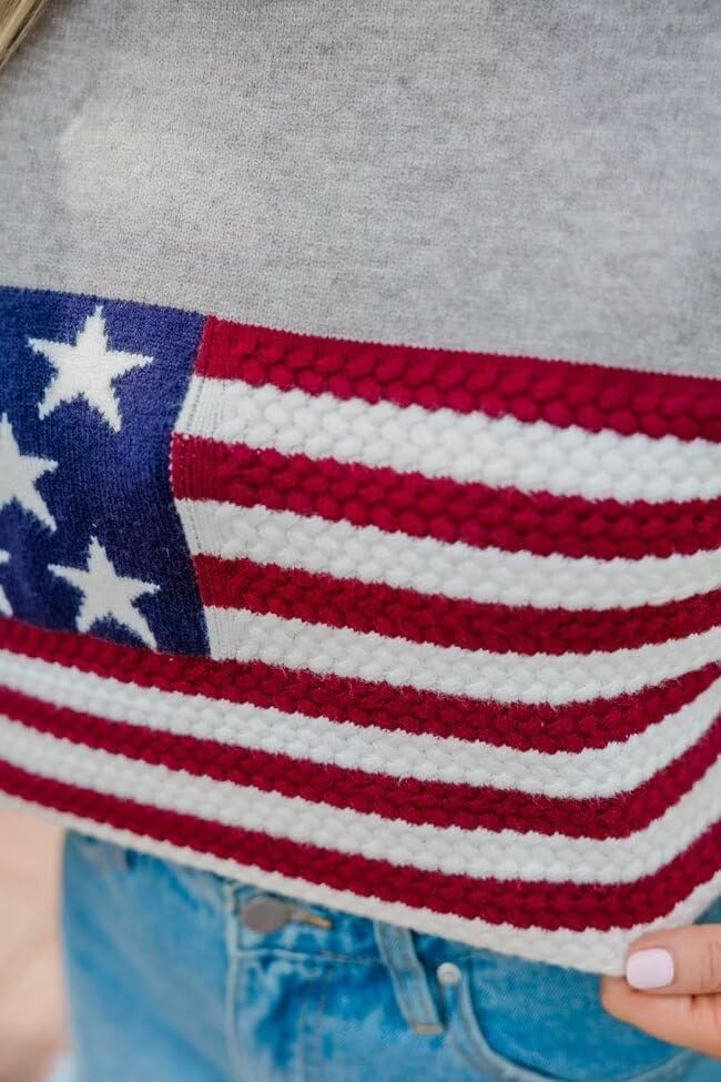 Image of Dressmine Womens American Flag Knit Sweater Crew Neck Long Sleeve Pullover