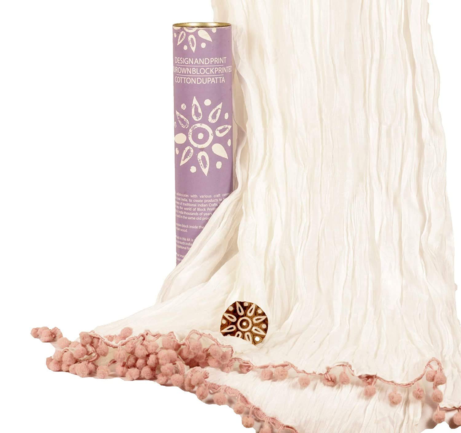 POTLI Handmade Wooden Block Print DIY Craft Kit Dupatta - ( Lavender Rangoli Design Block ) (for All Ages)