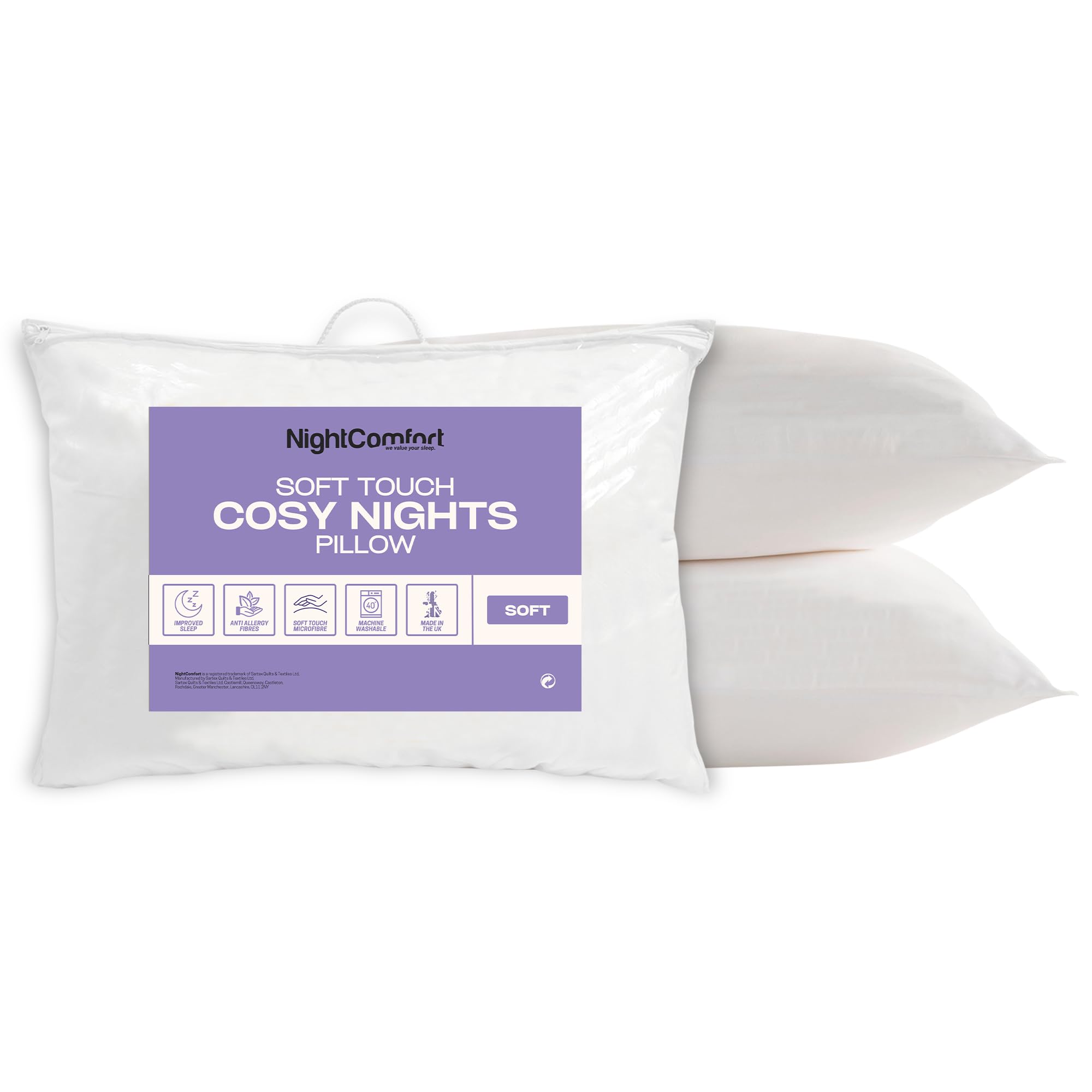 Night Comfort Cosy Nights Hotel Quality White Pillow Pack of 2 - Hypoallergenic Soft Support Pillows for Front Sleepers Filled with Bouncy Hollowfibre Big Pillows for Bed