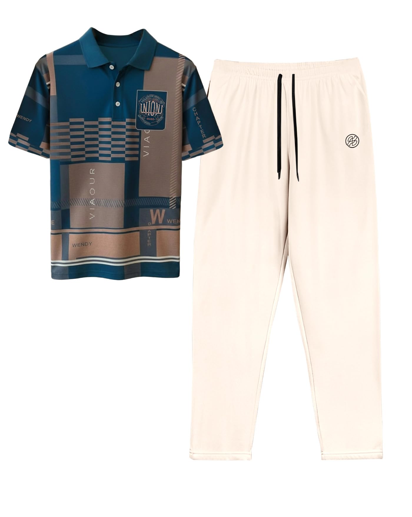 enitor Men’s Apparel Set, Graphic Round Neck T‑Shirt + Off‑White Track Pants with Drawstring Waist – Casual Wear, Athleisure Outfit, Streetwear Loungewear Fashion-picture-47