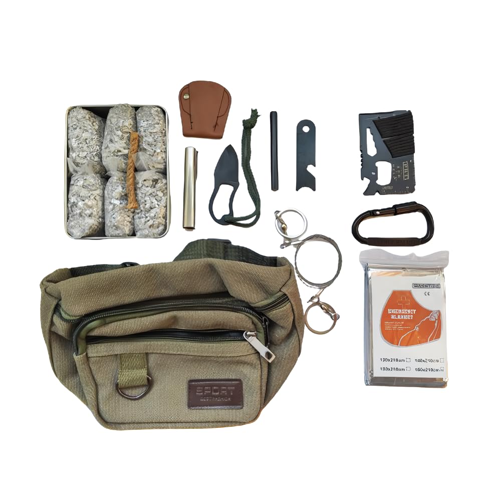Survival Gear Kit with Waist Bag – 13 in 1 Emergency Tools: 6 Bags Magnesium, Ferro Rod, Blanket, Wire Saw, Knife, Tin & More – Camping, Bushcraft, Bug Out Bag