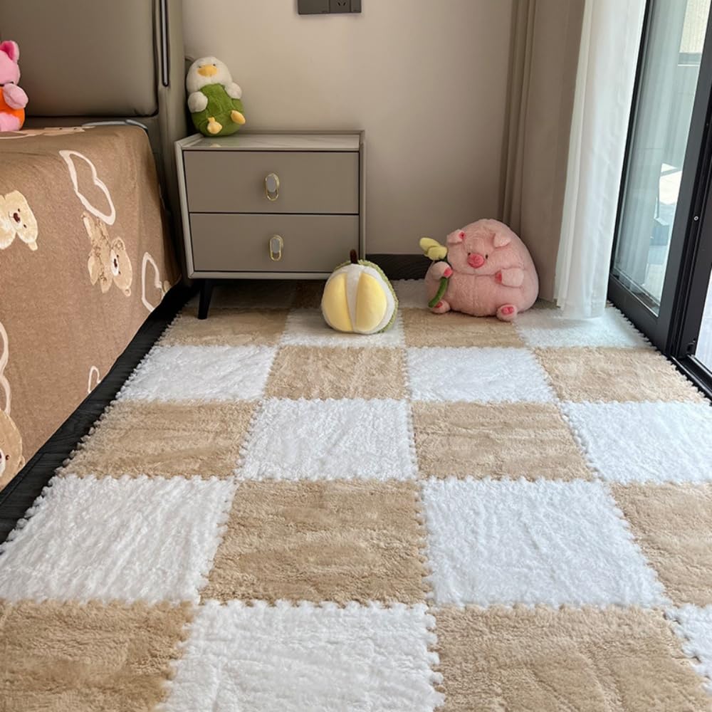 Hiseng 12 Pezzi Tappetini Puzzle in Peluche Morbidi Tappeto Gioco Bambini Puzzle 30x30cm Tappetino puzzle Piastrelle ad Incastro in Schiuma per Bambini, Soggiorno, Camera da Letto