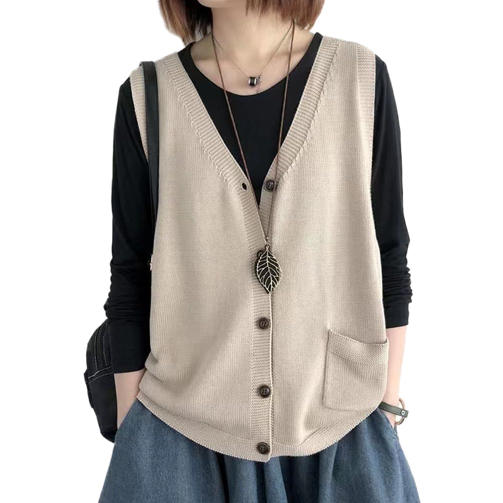 Femmes Bouton Avant V-Cou sans Manches tricoté Pull Vest Gilet superposé Top Gilet