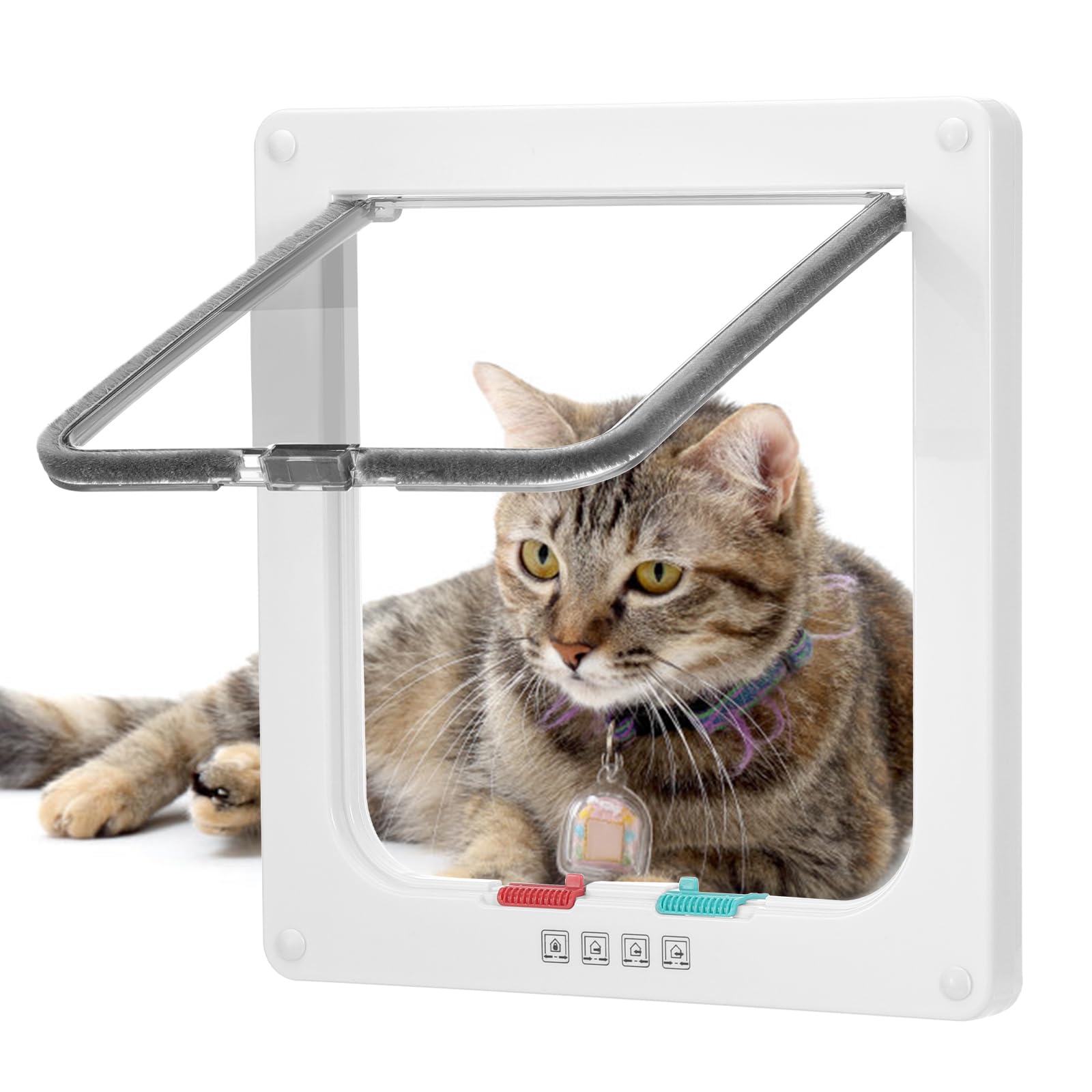 Cat Door Large 19cm x 18cm Flap Easy to Fit for Windows Thin Door, Safety Pet Door with 4 Way Lock, Weatherproof Cat Flap for Cupboard Shed, White