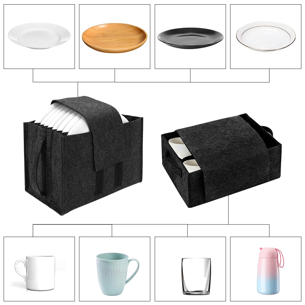 Lot de 2 porte-assiettes en verre pour caravane, camping-car, cuisine, camping, avec 8 compartiments pour assiettes et 6 porte-gobelets, sac de rangement de vaisselle en feutre avec poignées pour
