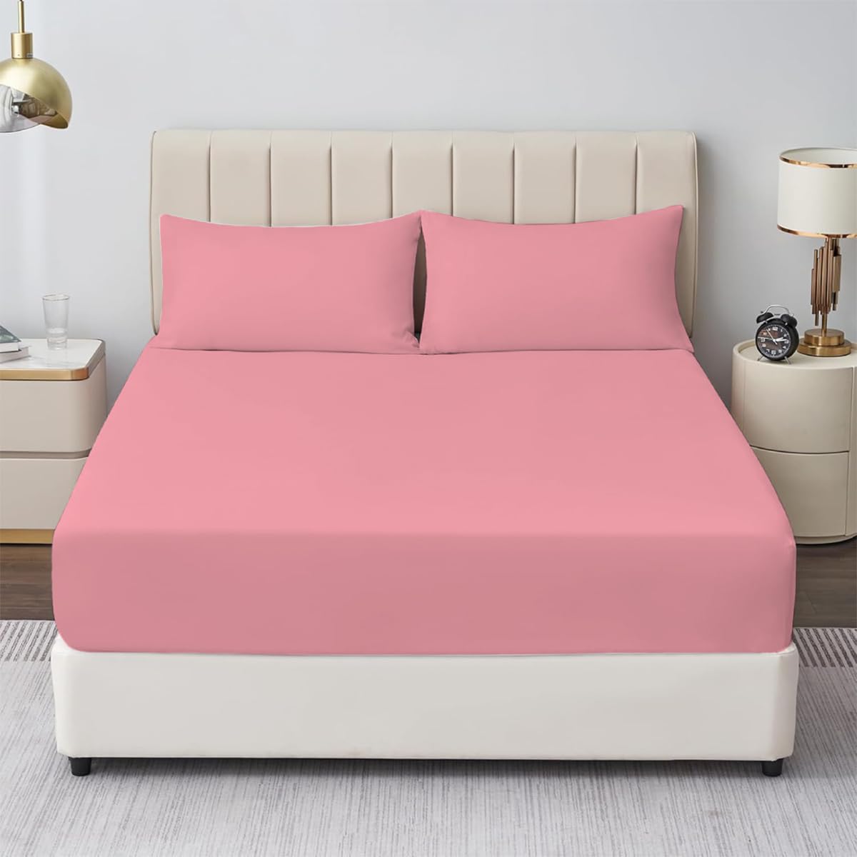 Rohi Pink Rohi® Double Fitted Sheet With Two Pillowcases – 25Cm Depth – Pure Polycotton Plain Bedding (Double Fitted Sheet & Pillowcases, )