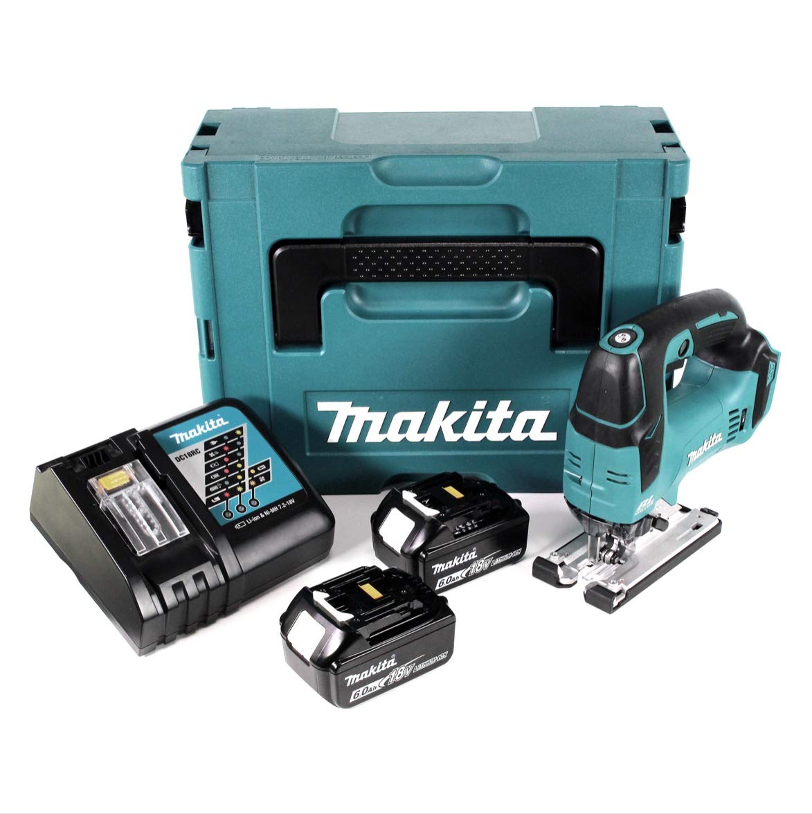Makita DJV 182 RGJ - Sega a pendolo a batteria, 18 V, senza spazzole + 2 batterie da 6,0 Ah + caricatore + Makpac