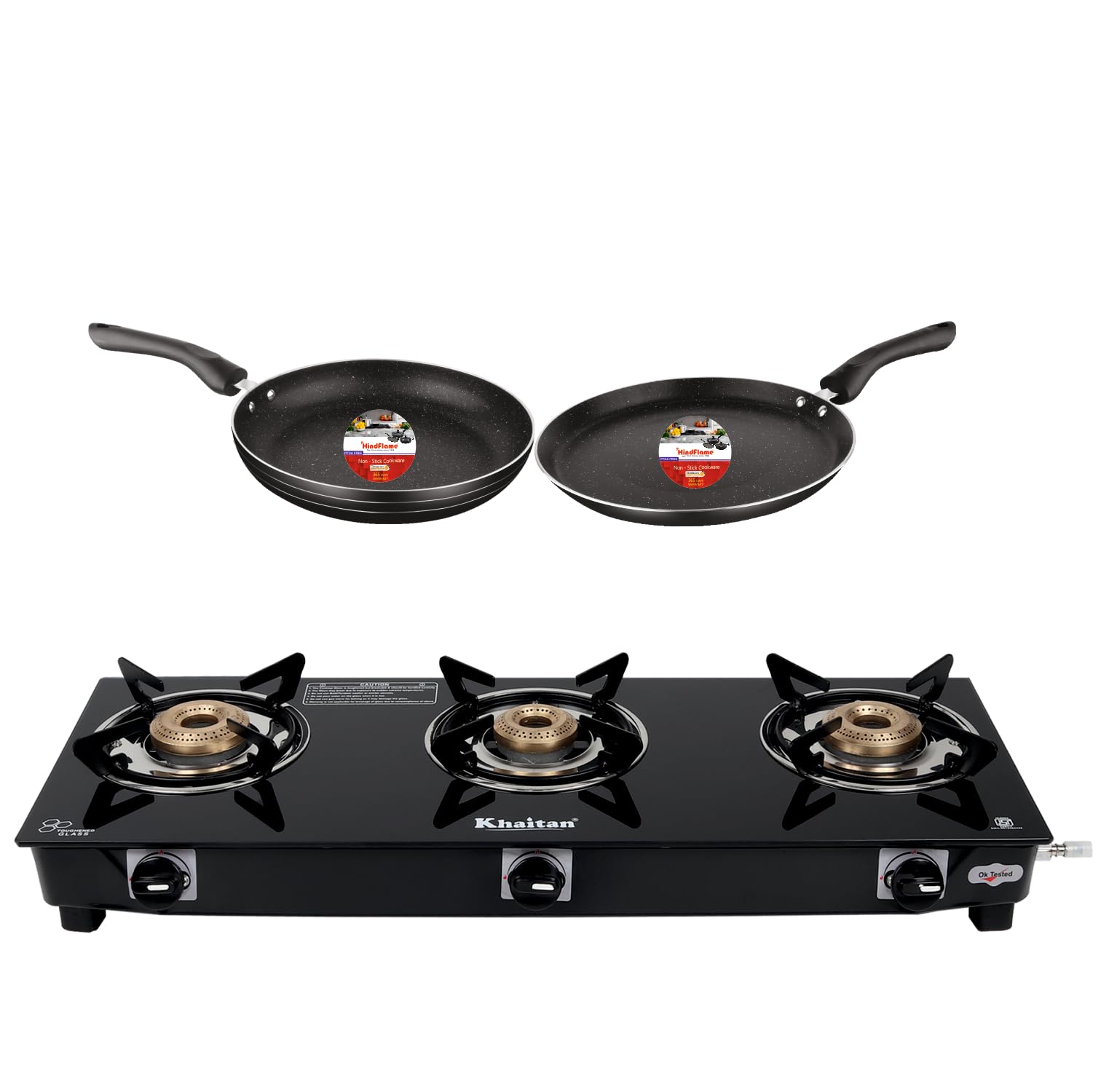 Khaitan Gas Stove Combo - One 3 Burner Jio Toughened Glass Gas Stove + 1 unit HF Dosa Tawa 250 mm + 1 unit HF Fry Pan 230 mm (B0DGLKCNHG) Amazon Price History, Amazon Price Tracker
