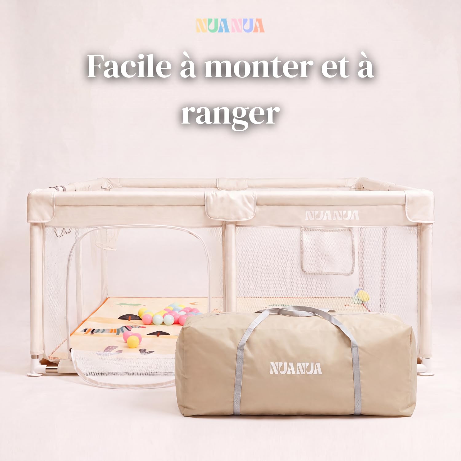 NUANUA Parc Bébé XXL 150x180 cm - Parc Enfant avec Tapis de Jeu - Beige | Démontable avec matelas, balles et panier - playpen intérieur et extérieur - barrière sécurisée avec poignées - 0-36 mois