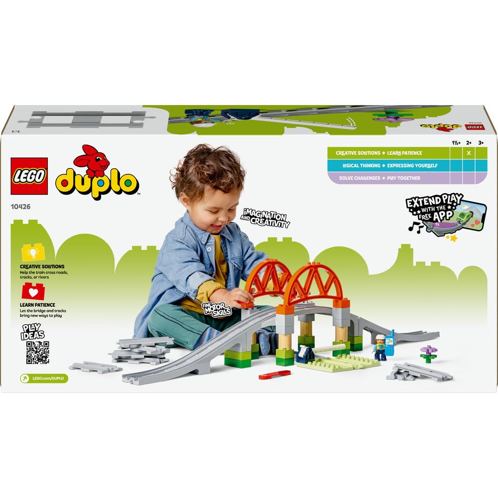 LEGO DUPLO Most i tory kolejowe — zestaw rozszerzający 10426 | Zestaw klocków dla 2-latka, tory kolejowe, prezent dla chłopca i dziewczynki, most i szlaban, 42 elementy