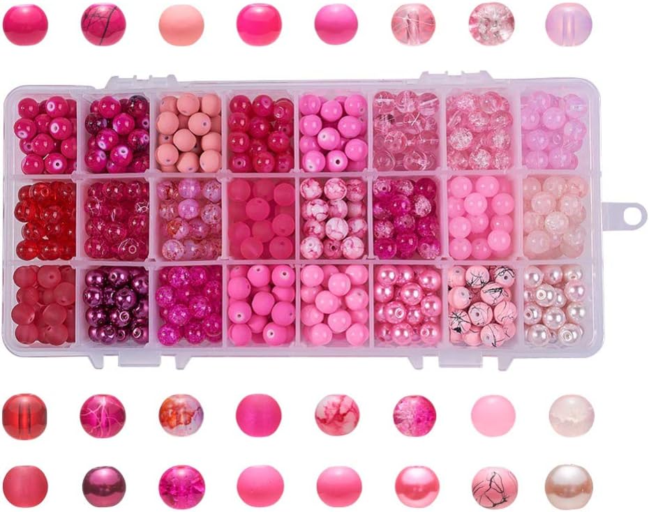 Pandahall Pink Mixed Style Round Glass Beads 24 Colors 8mm Handcrafted Loose Beads for Bracelet Necklace Jewelry Making (About 648-720pcs/box)