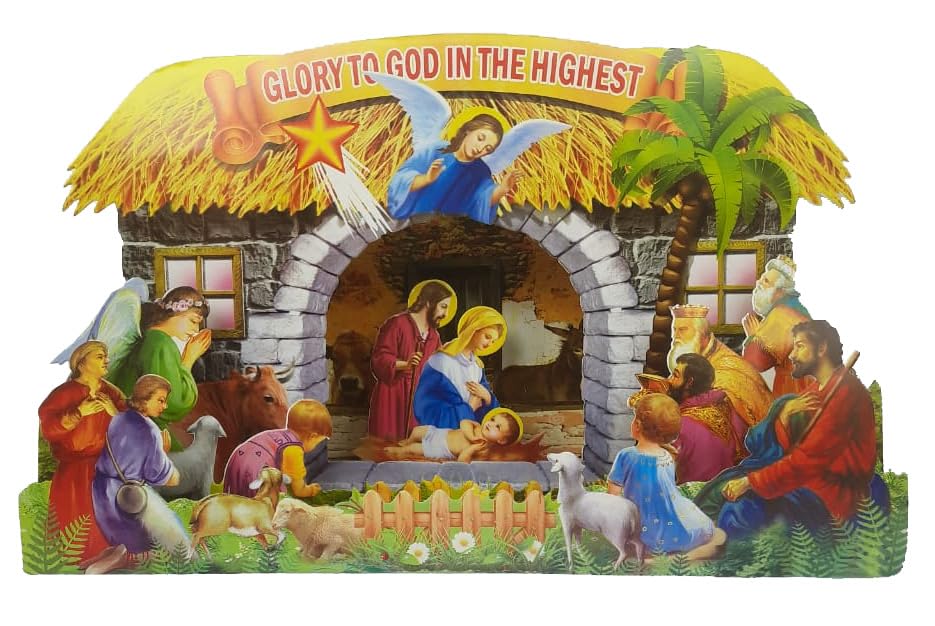 SK Craft Christmas Nativity Scene 3D Pop-up Cardboard Paper Baby Jesus Birth-40x28 CM