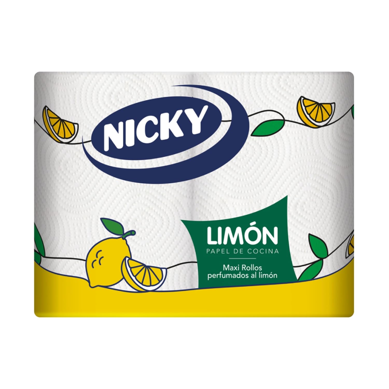 Nicky Limón Papel de Cocina, 2 Rollos, Hojas de 2 Capas, 100 Hojas por Rollo, Papel Súper Absorbente Perfumado al Limón, Papel 100% Certificado Fsc