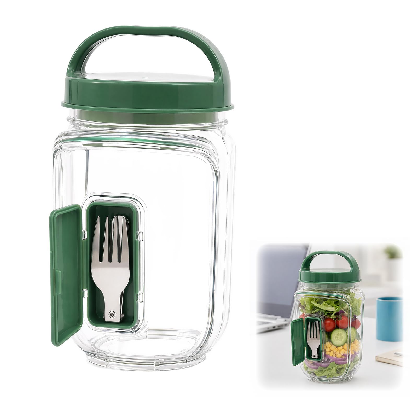 Salad Pod Mason Jar Salad Container Side Open, Vertical Layering Salad Pod with Leakproof Dressing Compartment Portable Reusable Lunch Container Built-in Bowl Design for Work Office Picnic Travel