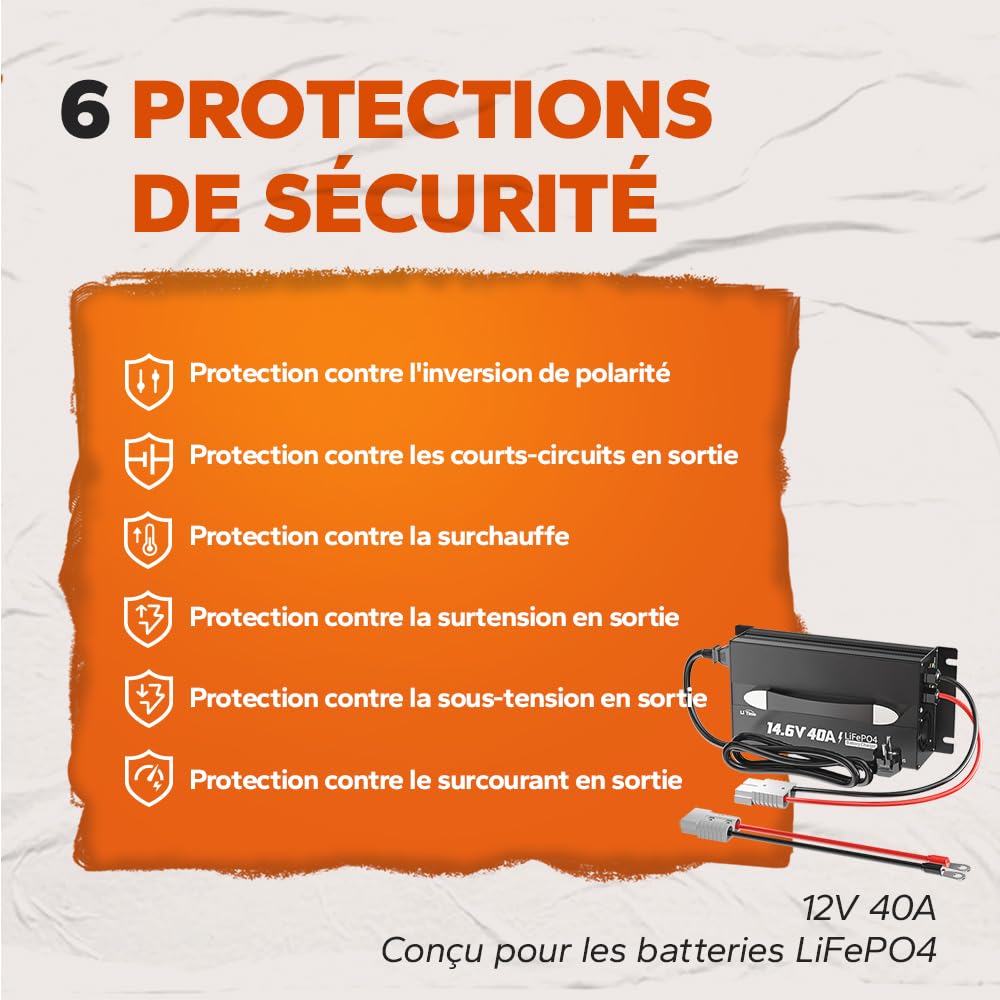 LiTime Chargeur de Batterie 40A LiFePO4 Lithium 14.6V - Chargeur Intelligent pour Batteries LiFePO4 12V/12.8V – avec Affichage LED, Interrupteur Marche/Arrêt, Connecteur Anderson (AC-DC)