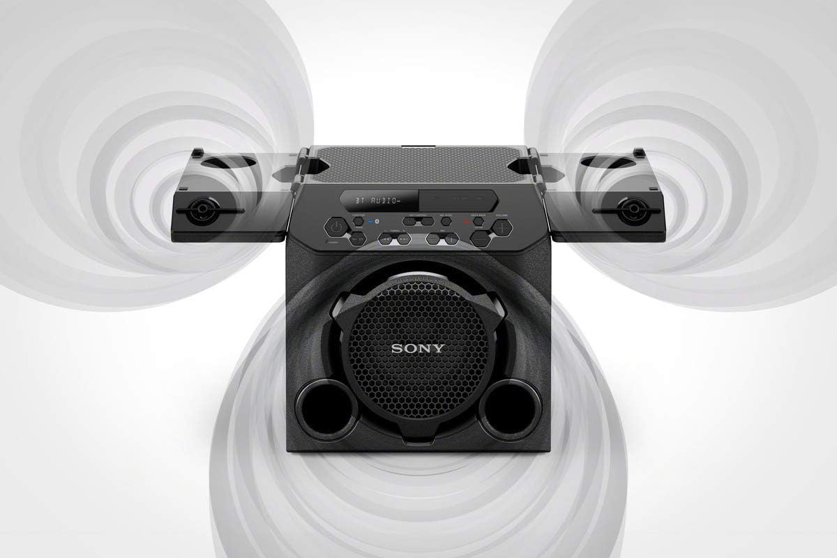 Sony GTK-PG10 speaker in Party Mode with sound waves