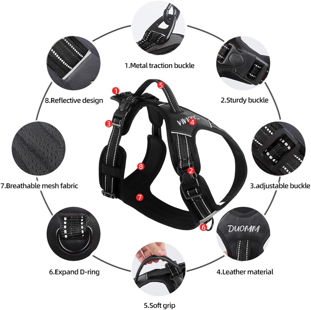 No Pull Dog Harness with Handle - Adjustable Reflective Tactical Vest for Medium & Large Dogs - Comfort Fit Padded Vest for Walking, Hiking, Training - Night Safety (Black, Medium)