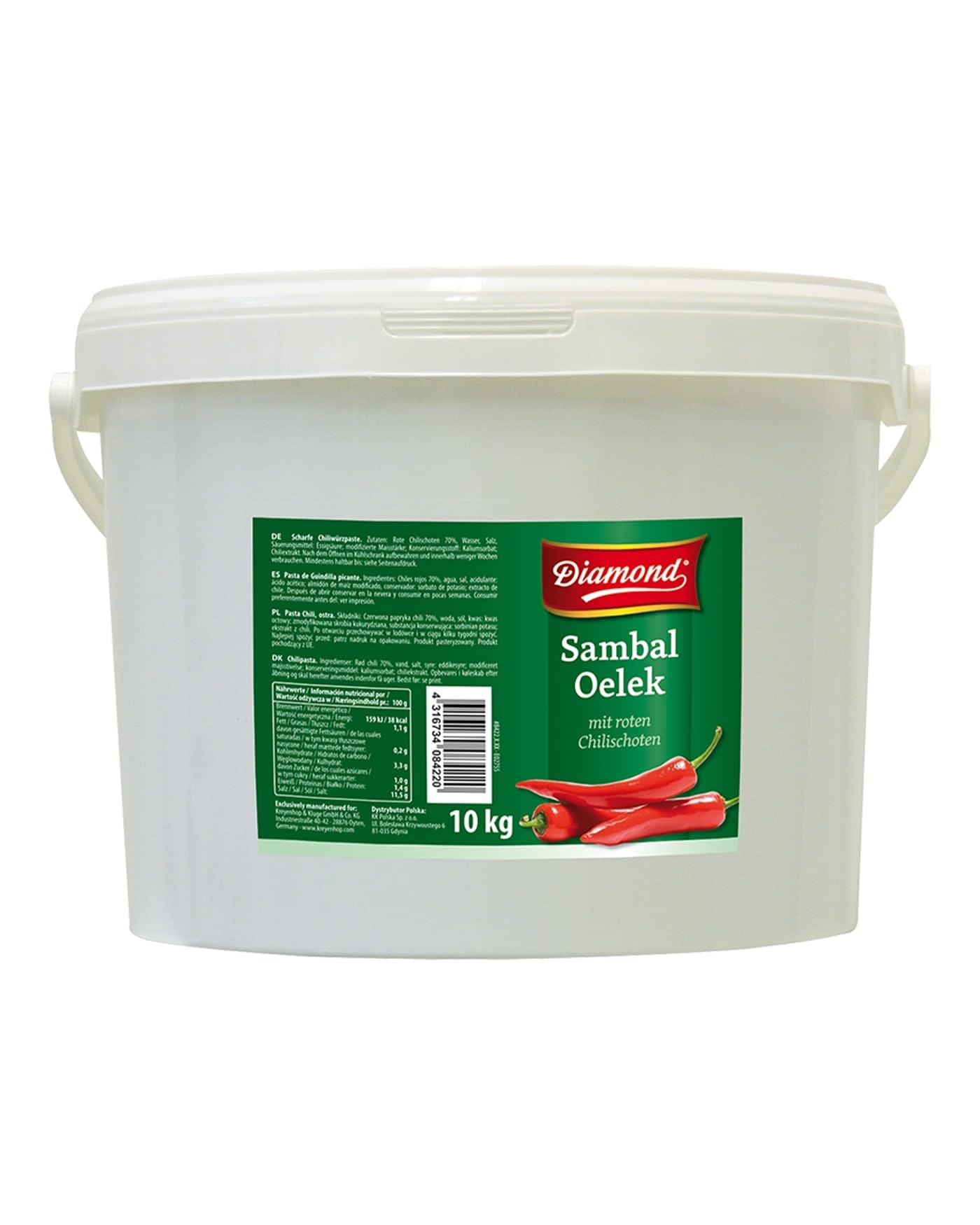 DIAMOND Sambal Oelek, pasta intensamente picante de guindilla roja, para dar sabor a platos wok, arroz frito y fideos fritos - 1 x 10 kg