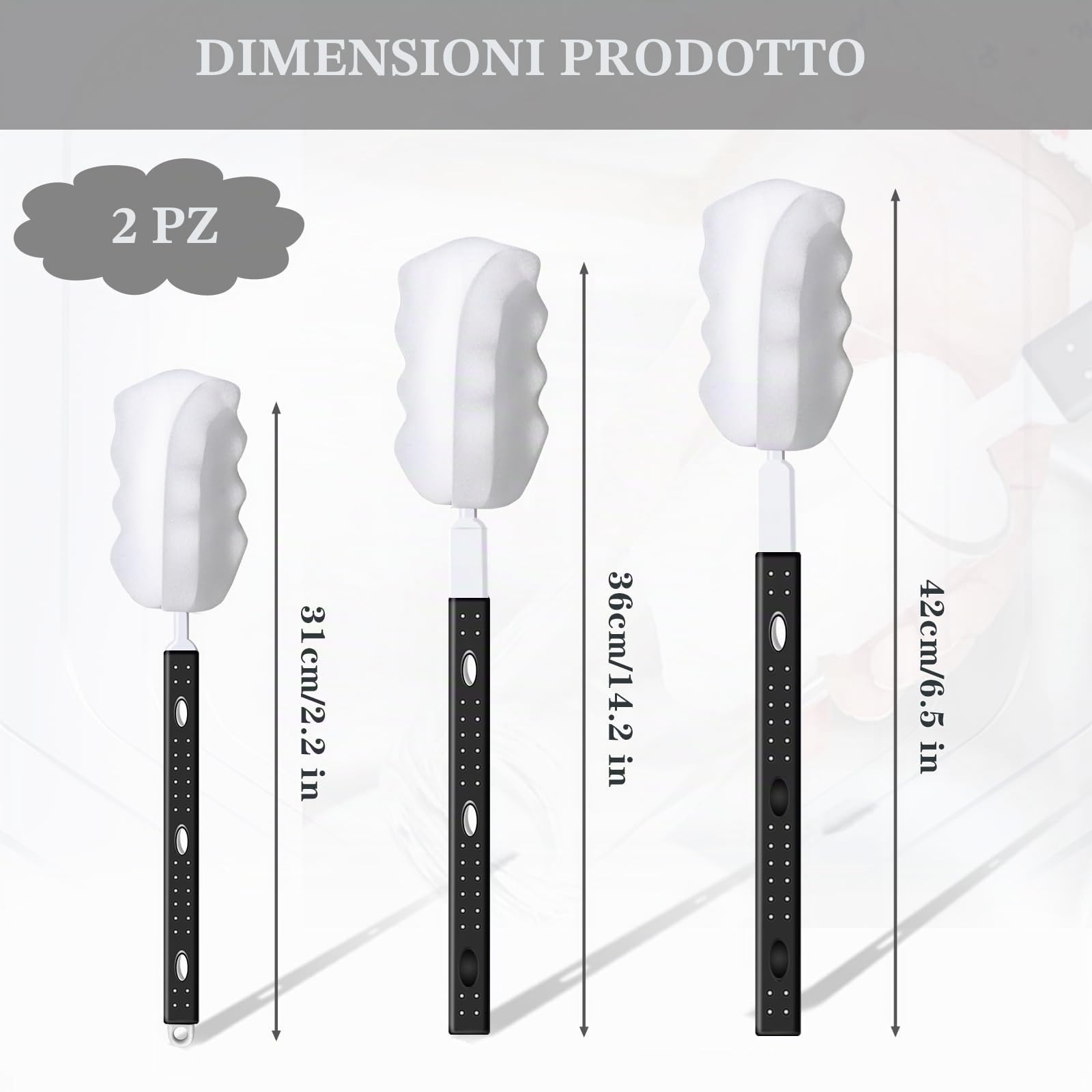 2 pezzi Scovolino per Bottiglie in Spugna, Scovolino Bottiglie, Manico Regolabile Scovolino per Borraccia, Spazzola per Bottiglie, Pennelli per Bottiglie per Biberon, Vetro, Tazza, Bollitore, Vaso