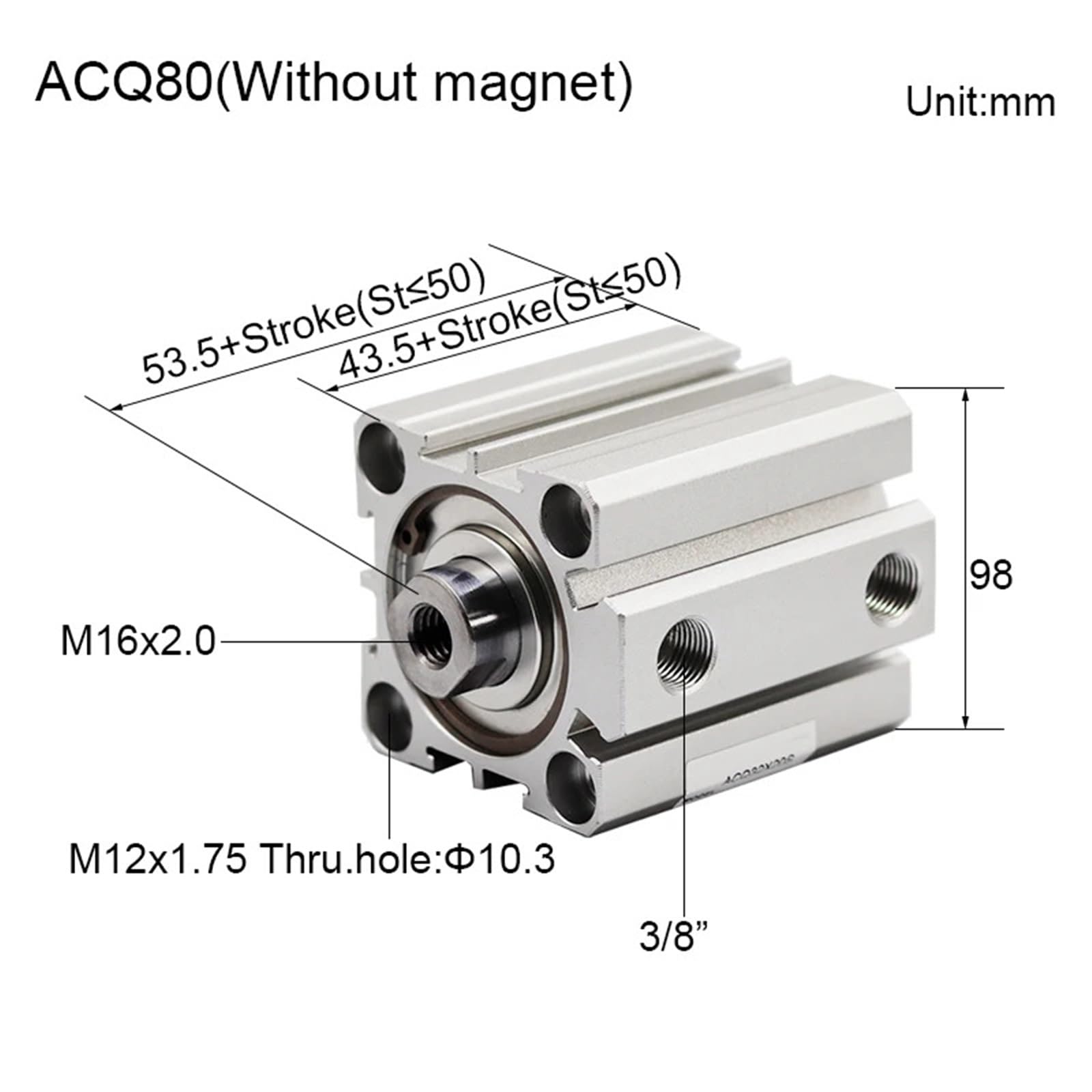 1 pz ACQ80 ACQ100 Alesaggio 80 mm Corsa 100 mm Pistone Cilindro pneumatico compatto Cilindro pneumatico a doppio effetto(Stroke 30mm,ACQ100 (No Magnet))