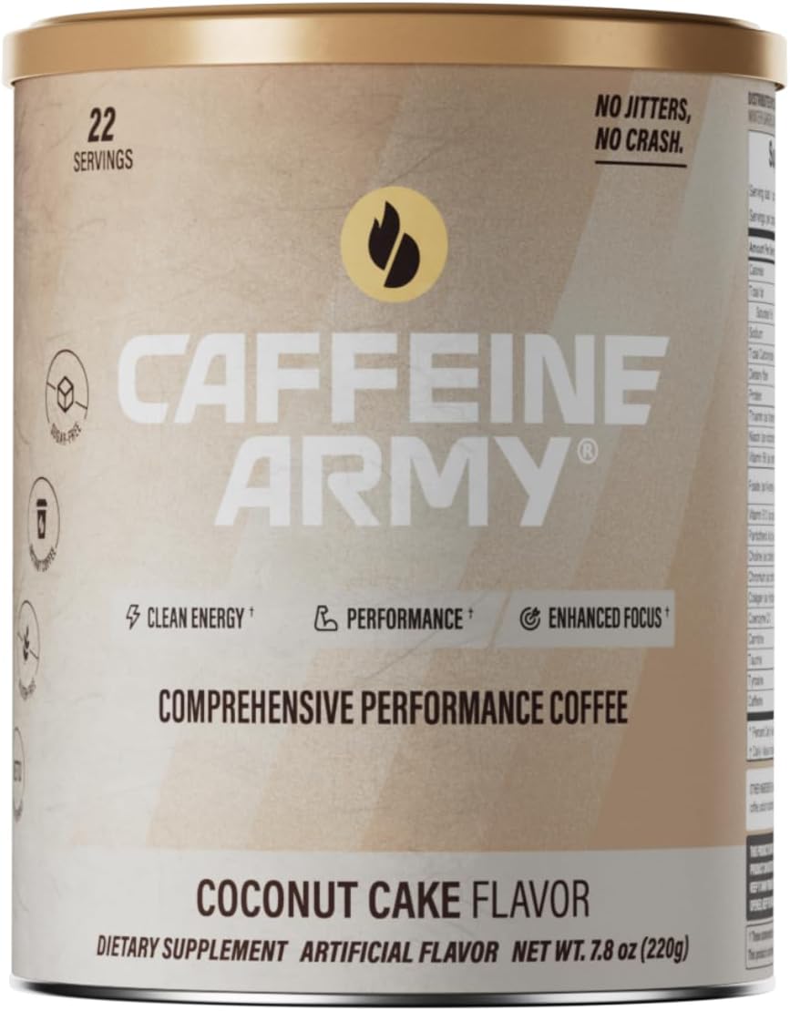 - CAFFEINE ARMY Coconut Cake | Comprehensive Functional Coffee with MCTs, CoQ10, Collagen and Adaptogens: Clean Energy + Supports Daily Attention, No Jitters or Crash (7.8 oz 22 Servings)