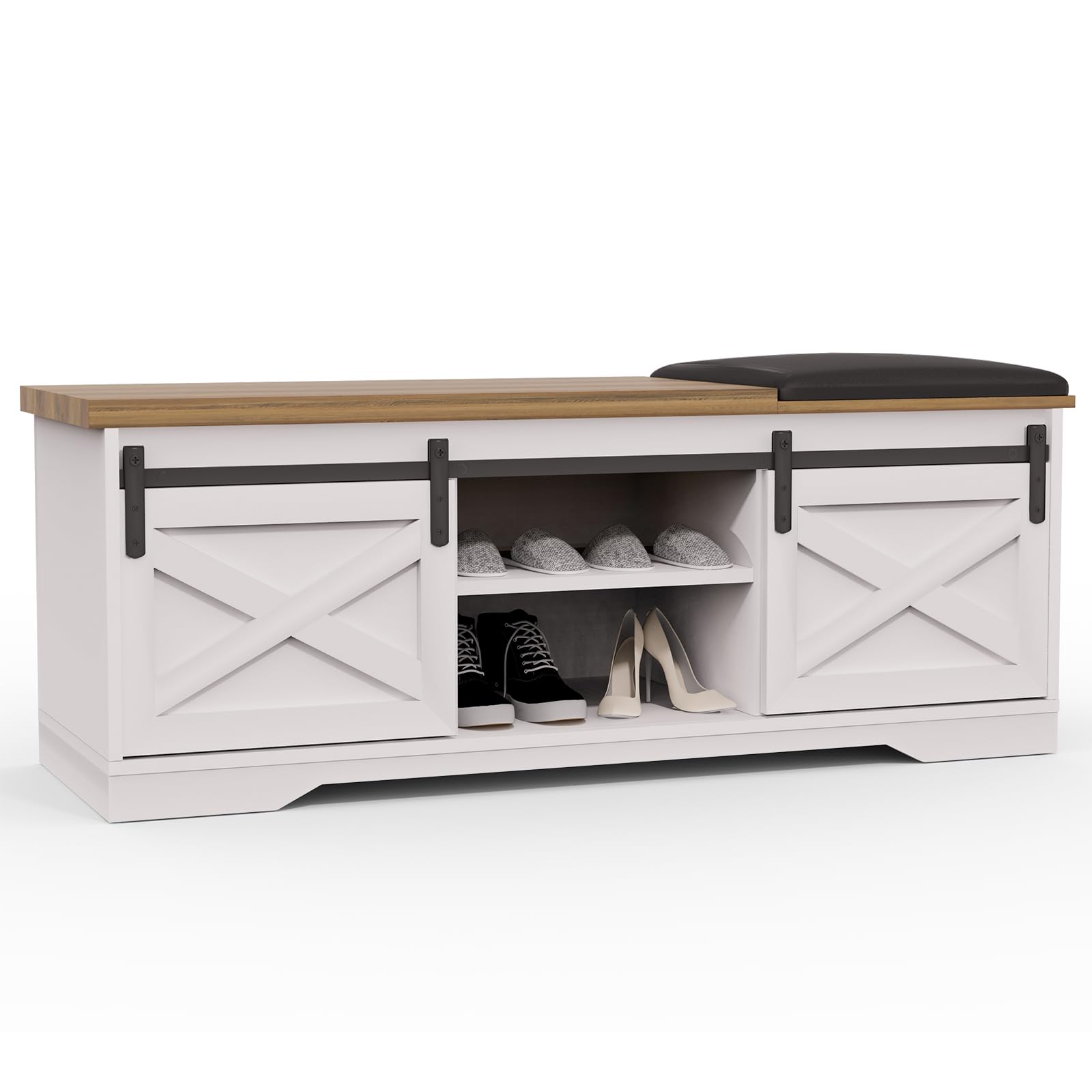 Rovibek47 Inch Stable Entry Bench Seat with Shoe Storage 3 Adjustable Shelves and Soft Cushion for Entryway Hallway Living Room Bedroom