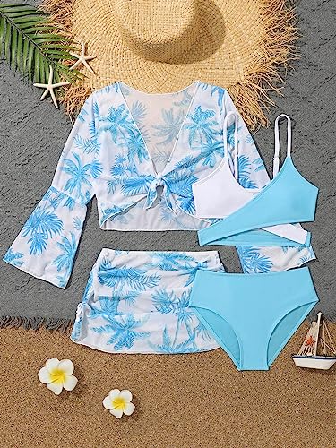 Image of WDIRARA Girl's 4 Piece Color Block Swimsuit and Coverup Set Tree Print Boho Swimwear Light Blue 9Y