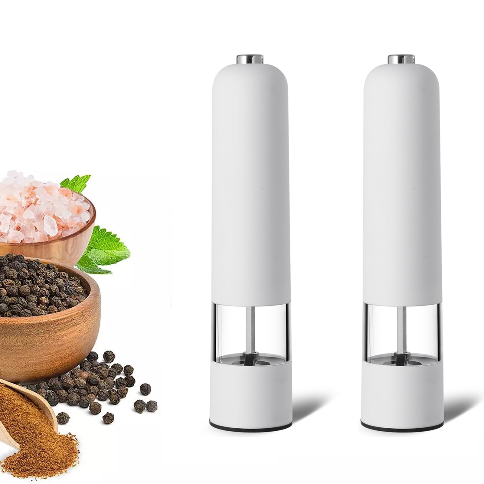 2PCS Electric Salt and Pepper Grinder Set, Battery Operated Automatic Salt and Pepper Mill Set with LED Light, Adjustable Coarseness, One Touch Button, Ceramic Grinder (White, Salt & Pepper Mills)